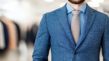 Blue Suit Confidence:  A close-up of a man's sharp blue suit with a subtly textured pattern,  exuding sophistication and professionalism. The tailored cut and sleek fabric convey power and authority.