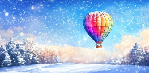 Colorful Hot Air Balloon Soaring Over Snowy Winter Landscape