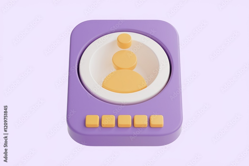 Poster 3D render of a purple user interface element featuring a stylized person icon and buttons.