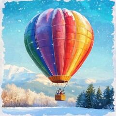 Obraz premium Colorful Hot Air Balloon Soaring Over Snowy Winter Landscape