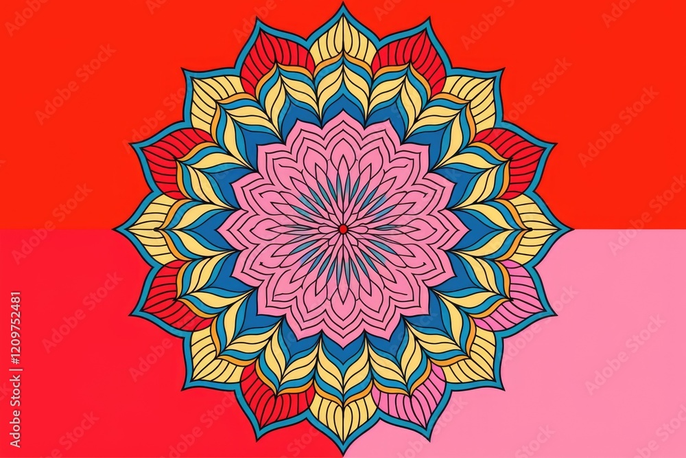 Poster a vibrant mandala with intricate details, radiating symmetry and colorful patterns against a red and