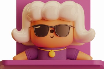 A 3D rendered cartoon character with blonde hair, sunglasses, and a purple dress, sitting on a pink chair.