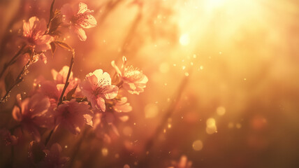 桜の花越しに差し込む朝日の柔らかな光