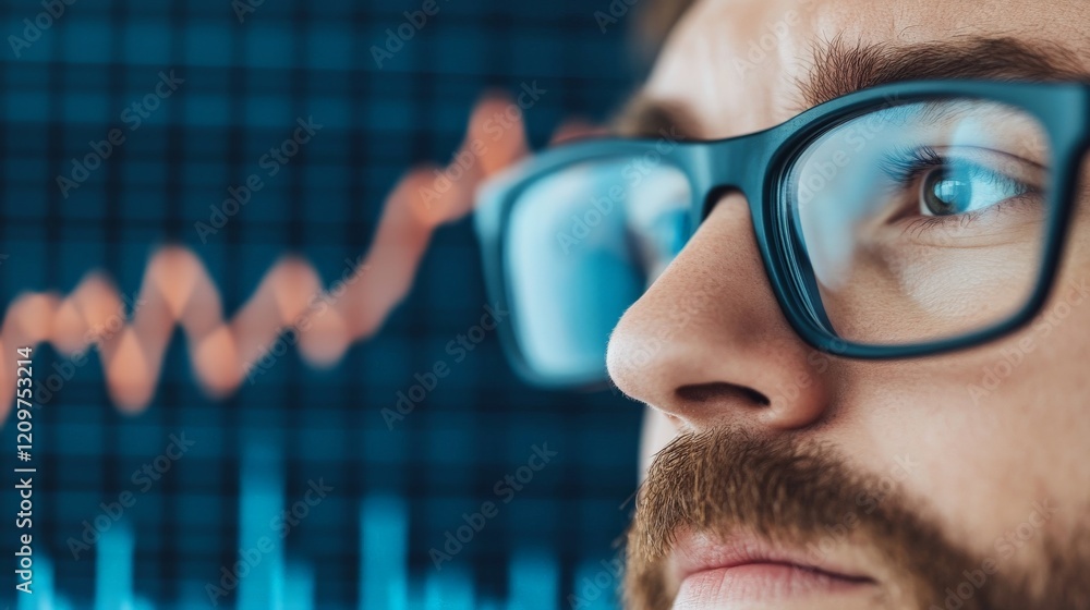 Poster focused analyst: a close-up profile of a man with a beard and glasses, his gaze fixed on a dynamic g