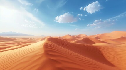 An expansive desert landscape with rolling sand dunes under a clear blue sky with white clouds.