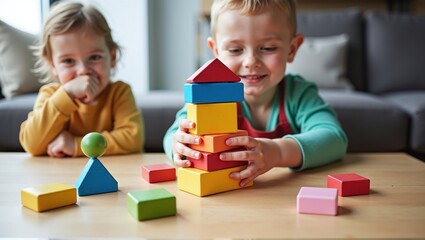 Fototapeta premium Children explore colorful wooden blocks, build, and learn, transforming a bright room into a playground of creativity and cognitive development