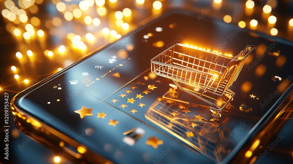 Poster shopping cart with mobile concept. digital shopping cart on smartphone with bokeh lights