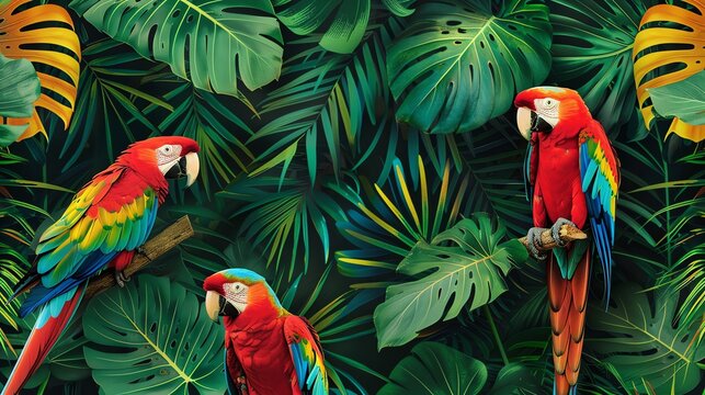 Three colorful macaws perched on branches amidst lush tropical foliage.