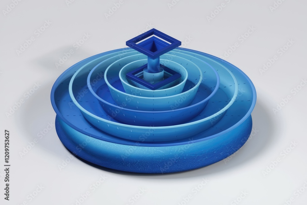 Poster Abstract 3D render of nested blue bowls with a central square structure, creating a visually captivating depth.