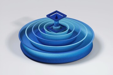 Abstract 3D render of nested blue bowls with a central square structure, creating a visually...