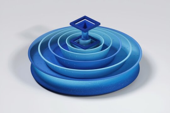 Abstract 3D render of nested blue bowls with a central square structure, creating a visually captivating depth.