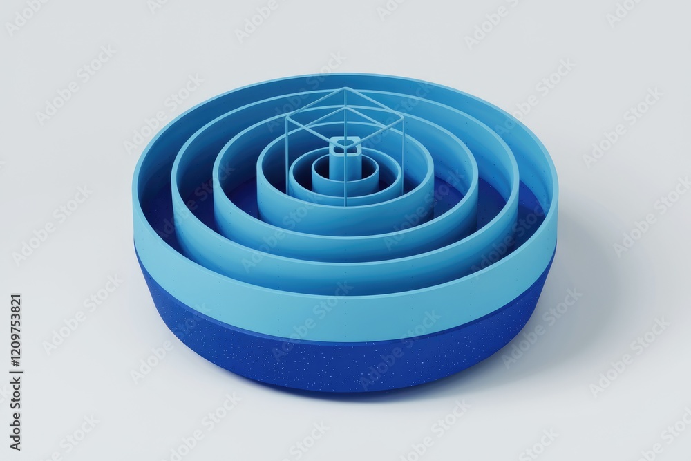 Poster Abstract 3D rendering of concentric circles in shades of blue, featuring a central cube.
