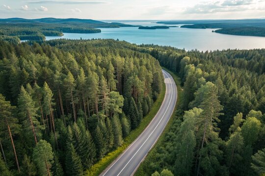 aerial veiw of empty road in green forest with the blue lake. drone shot