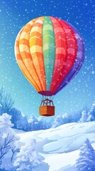 Obraz premium Colorful Hot Air Balloon Soaring Over Snowy Winter Landscape