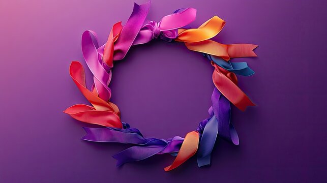 Circle of colorful awareness ribbons on purple background for World Cancer Day, February 4.