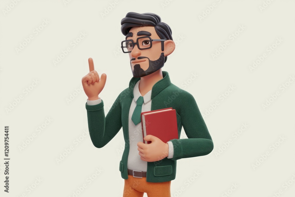 Poster A 3D animated man with glasses, beard, and green jacket holds a book and points upwards, suggesting an idea or explanation.