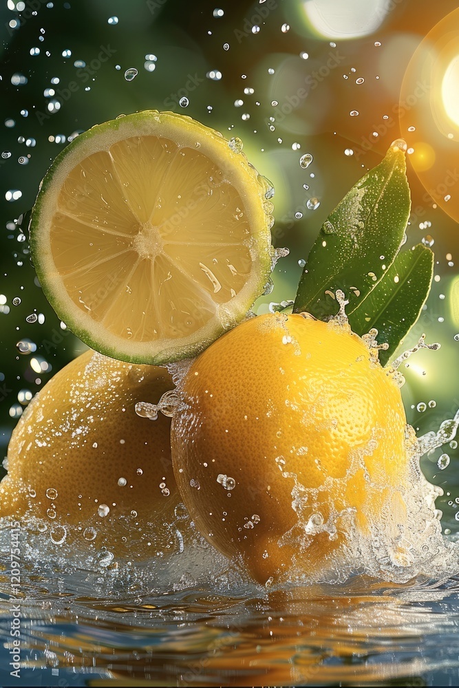 Poster a vibrant lemon and lime floating in a crystal-clear water background, surrounded by sparkling splas