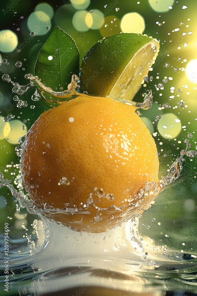 Poster a vibrant lemon and lime floating in a crystal-clear water background, surrounded by sparkling splas