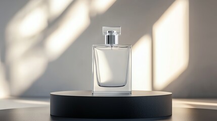 Elegant perfume bottle on a minimalist platform with soft light creating a serene atmosphere reflecting luxury and simplicity.
