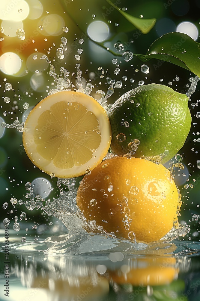 Poster a vibrant lemon and lime floating in a crystal-clear water background, surrounded by sparkling splas