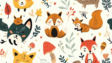 Obraz premium Seamless pattern with cute foxes, foliage, and mushrooms.