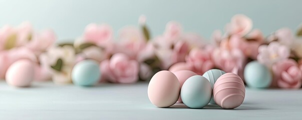 Obraz premium Pastel easter concept. Colorful pastel Easter eggs surrounded by delicate pink flowers.