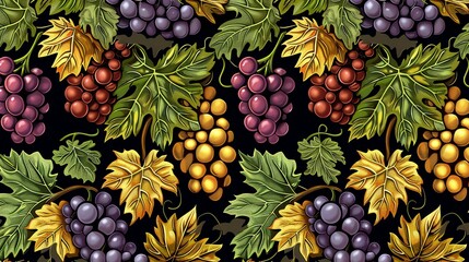 Fototapeta premium A seamless pattern of grapes and leaves in a vibrant, colorful style against a black background.