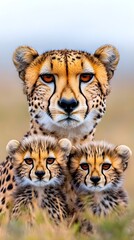 Obraz premium A close-up image of a cheetah mother with two cubs nestled together in a grassy savanna.