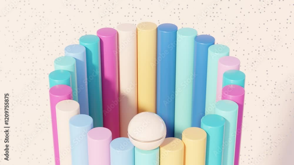 Poster 3d colorful cylinders forming a circular path with peach sphere rolling – abstract seamless loop ani