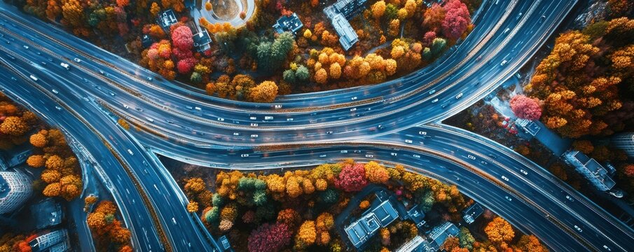 Aerial view of a highway cutting through a sprawling forest, dynamic perspective.