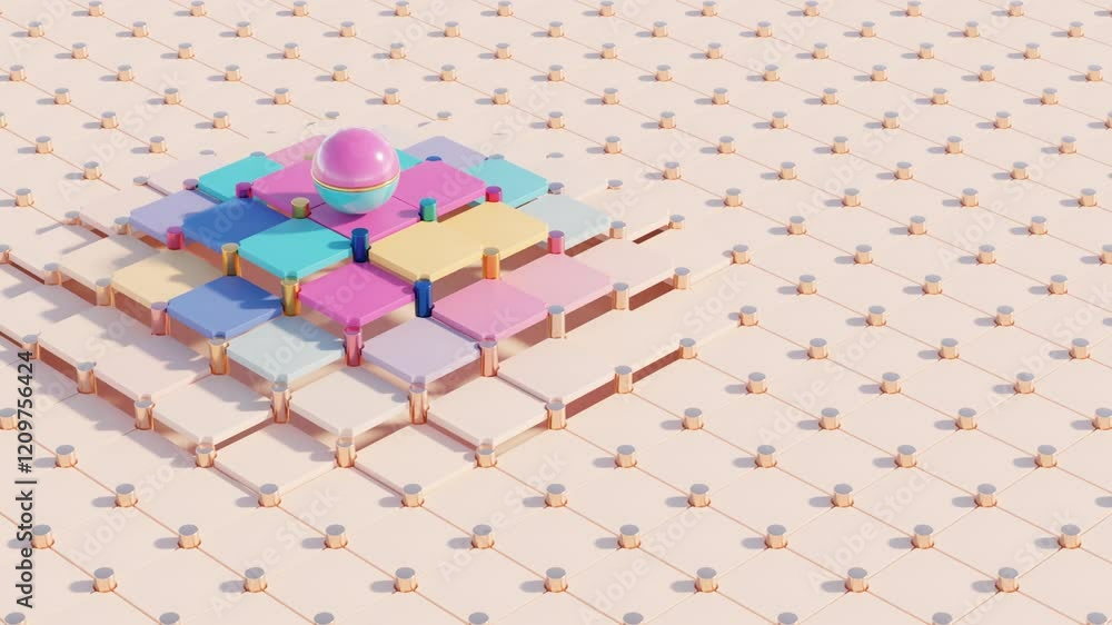 Poster 3d ball and rising colorful square plates – abstract geometric seamless loop animation for dynamic b