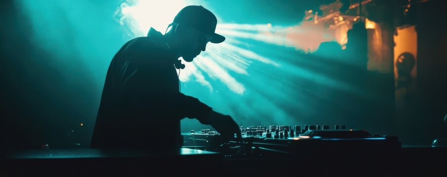 Professional DJ at a nightclub mixing tracks under colorful stage lighting.
