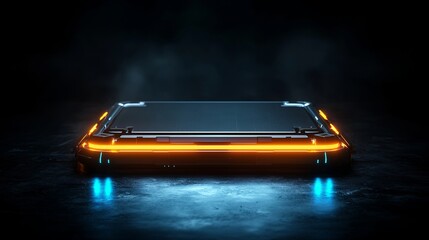 A futuristic illuminated platform with a sleek design, featuring glowing orange and blue accents against a dark, misty background.