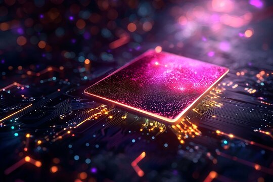 A vibrant, abstract representation of a microchip surrounded by glowing circuits, showcasing a futuristic technology theme.