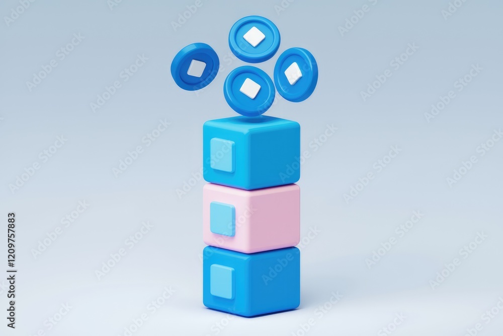 Poster blue and pink cubes stacked with blue tokens falling on top. 3d rendering illustration.