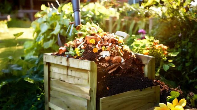 Organic waste, including leaves and grass clippings, is added into a compost pit, promoting eco-friendly recycling and composting of biodegradable materials.