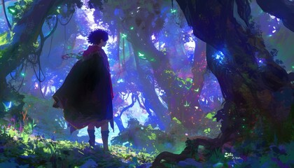 A lone figure stands within a vibrant mystical forest