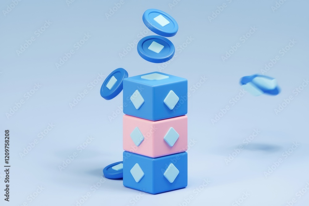 Poster blue and pink blocks with blue tokens falling on top, creating a playful 3d scene.