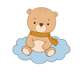 Cute bear sitting on cloud in sky, vector hand drawn illustration isolated on white background