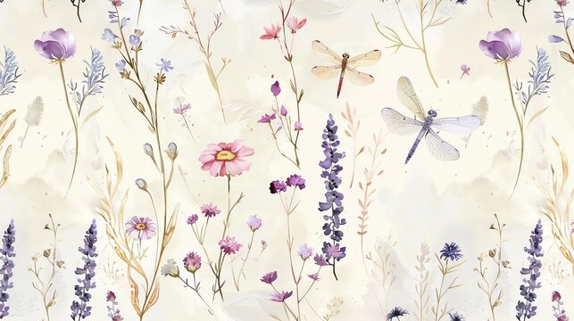 A seamless pattern with delicate watercolor flowers and dragonflies on a light background.