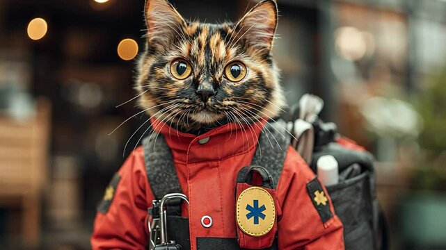 Cat in Red Jacket: A curious and adorable cat with a mischievous glint in its eyes, sporting a red jacket, stares intently at the camera. The jacket is adorned with a unique patch.