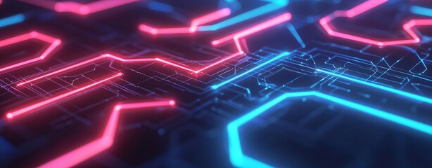 Obraz premium A vibrant digital circuit design featuring glowing pink and blue lines against a dark background, symbolizing technology and innovation.