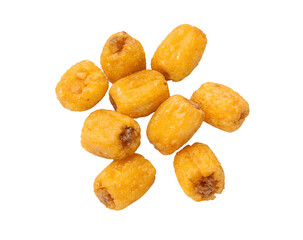 Fototapeta premium Crunchy corn nuts isolated on a white transparent background, golden and crispy, perfect for snack branding, healthy food packaging, party snack ads, and gourmet snack promotions