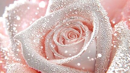 Fototapeta premium Glittering pink rose flower sparkles with crystalline frost and soft bokeh highlights in a macro illustration.