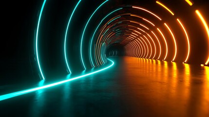A futuristic tunnel illuminated with glowing blue and orange lights, creating a dynamic and vibrant atmosphere.
