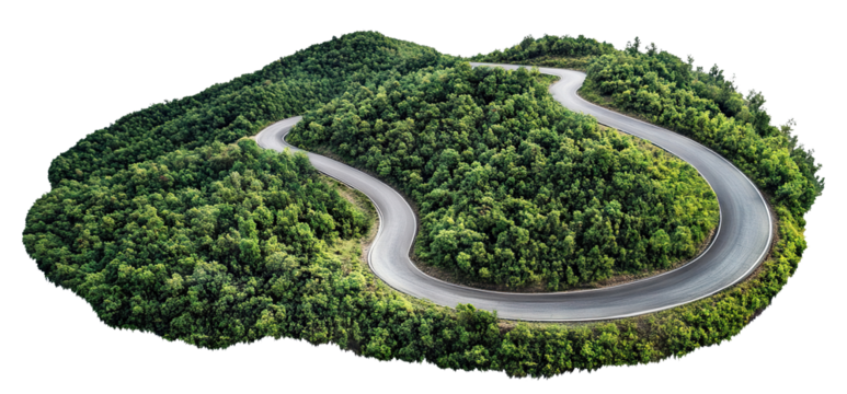 Winding asphalt road cutting through dense green forest, isolated on transparent cutout background	