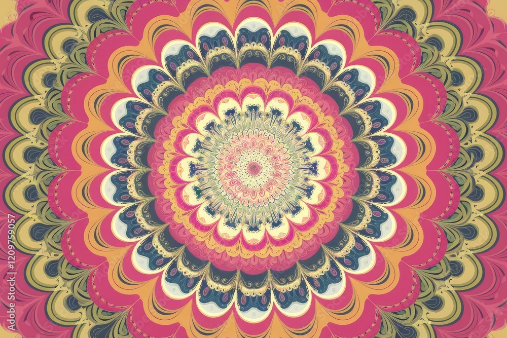 Poster Intricate mandala design with vibrant colors and swirling patterns, radiating symmetry and captivating detail.