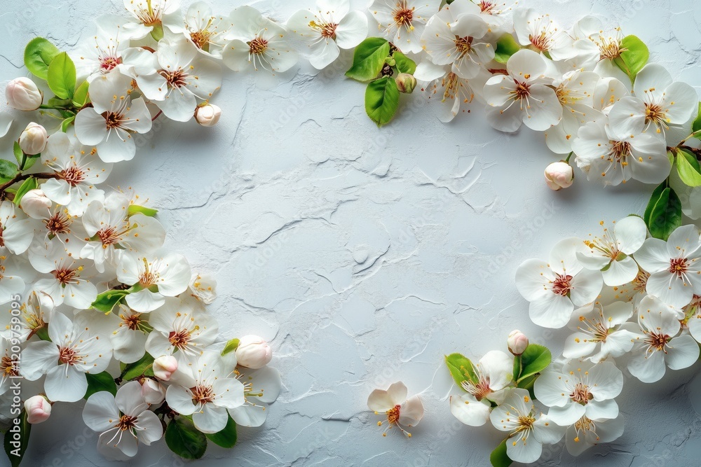Poster spring blossoms arranged elegantly on a light surface creating a natural frame with vibrant colors
