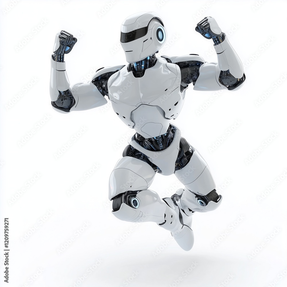 Poster strong humanoid robot performing an impressive power pose in a minimalist space during daylight, iso