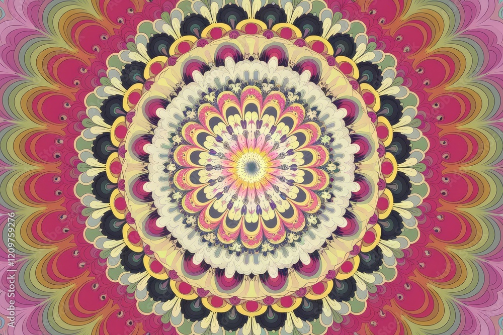 Poster intricate mandala design with vibrant colors and symmetrical patterns, showcasing circular floral mo